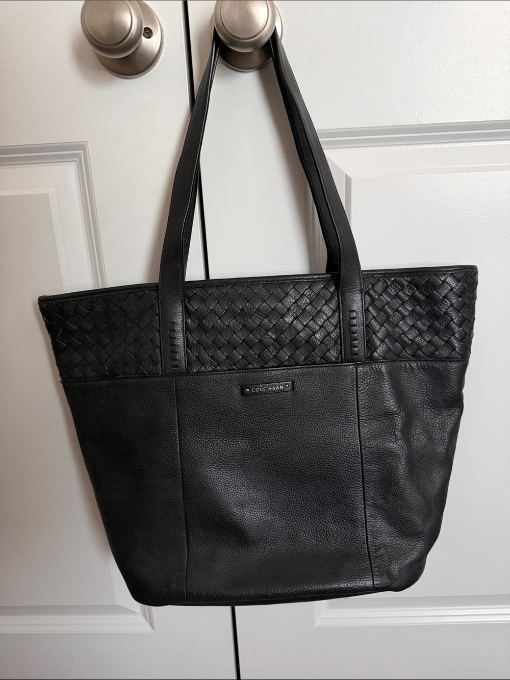 Cole Haan Black Woven-Trim Leather Tote Bag
